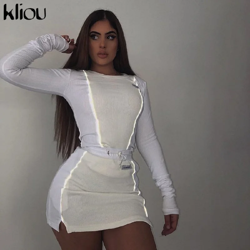 Kliou women fashion Reflective Striped patchwork two pieces set 2019 white full sleeve crop top bottom skirts outfit tracksuit Anti-Shrink Durable Soft