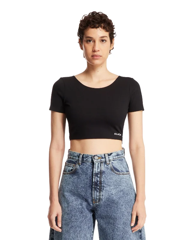 Crop Top Nero Con Logo Rayon Velvet Corduroy