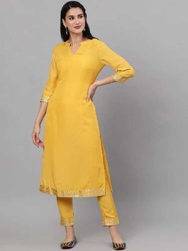 Women's  Yellow & Gold-Toned Embroidered Kurta with Trousers - AKS Trousers sophisticated sleek