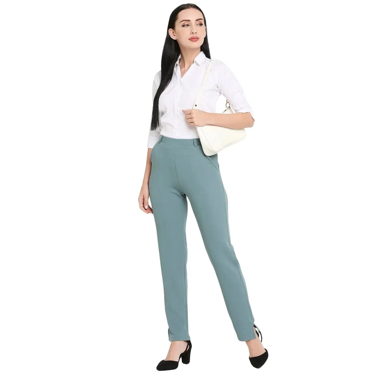 Smarty Pants Women's Cotton Lycra Straight Leg Olive Color Formal Trouser Trousers Bridal Satin