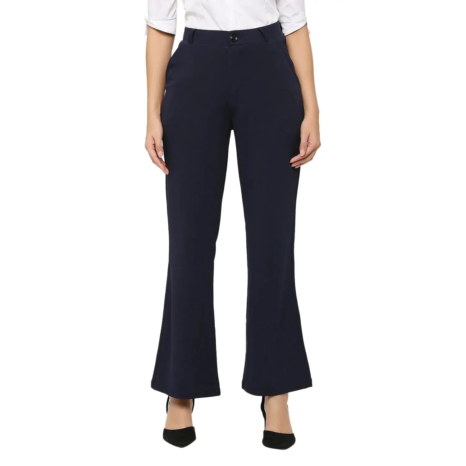 Smarty Pants Women's Ployester Lycra Bell Bottom Navy Blue Formal Trouser-SMPT-906D-S Trousers Gym Athletic