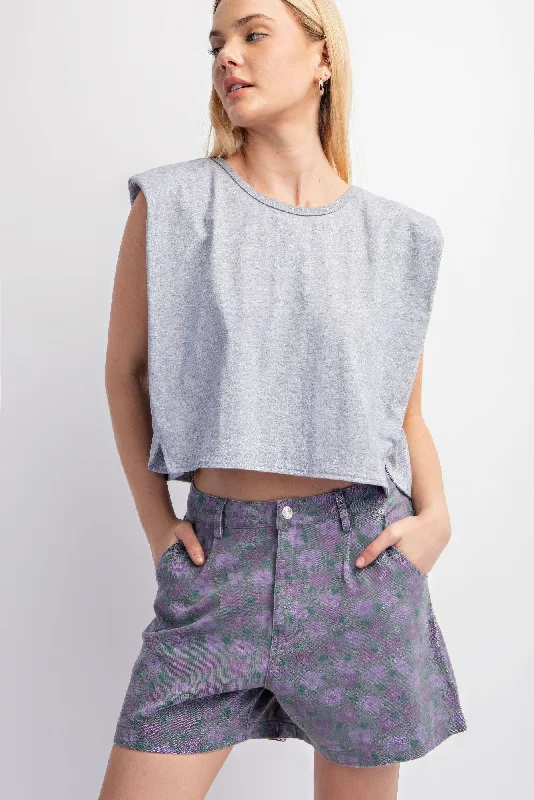 Sleeveless Crop Top With Shoulder Pads Collared Crop Top Boat Neck A-Line