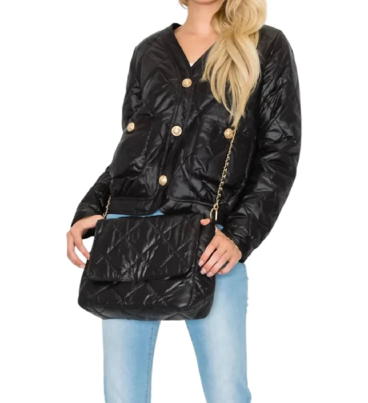 Johya Puff Jacket Matching Crossbody Bag In Black Notch Collar Peter Pan Collar Cowl Neck