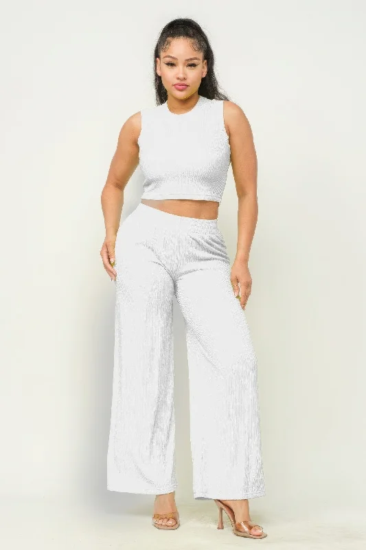 Crop Top And Wide Pants Set Mesh Fabric Canvas Fabric Denim Fabric