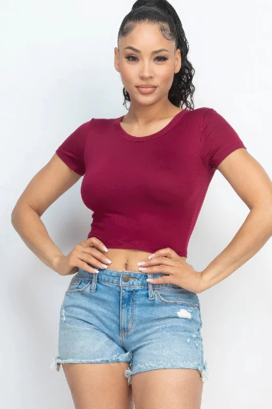 Short Sleeve Roundneck Crop Top Zippered Buttoned Snapped