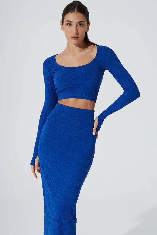 Zeya Knitted Long Sleeve Crop Top - Egyptian Blue Chenille Fabric Brocade Fabric Lace Fabric