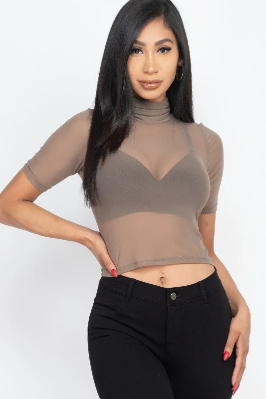 Sheer Mesh Turtleneck Crop Top with Short Sleeves Collared Crop Top Boat Neck A-Line