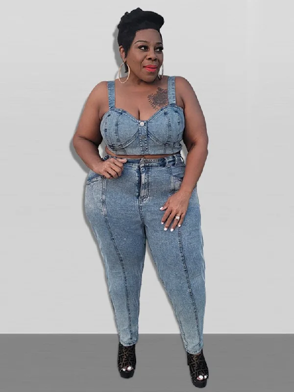 Denim Crop Top & Pants Sets Plus Size Striped Floral Plaid