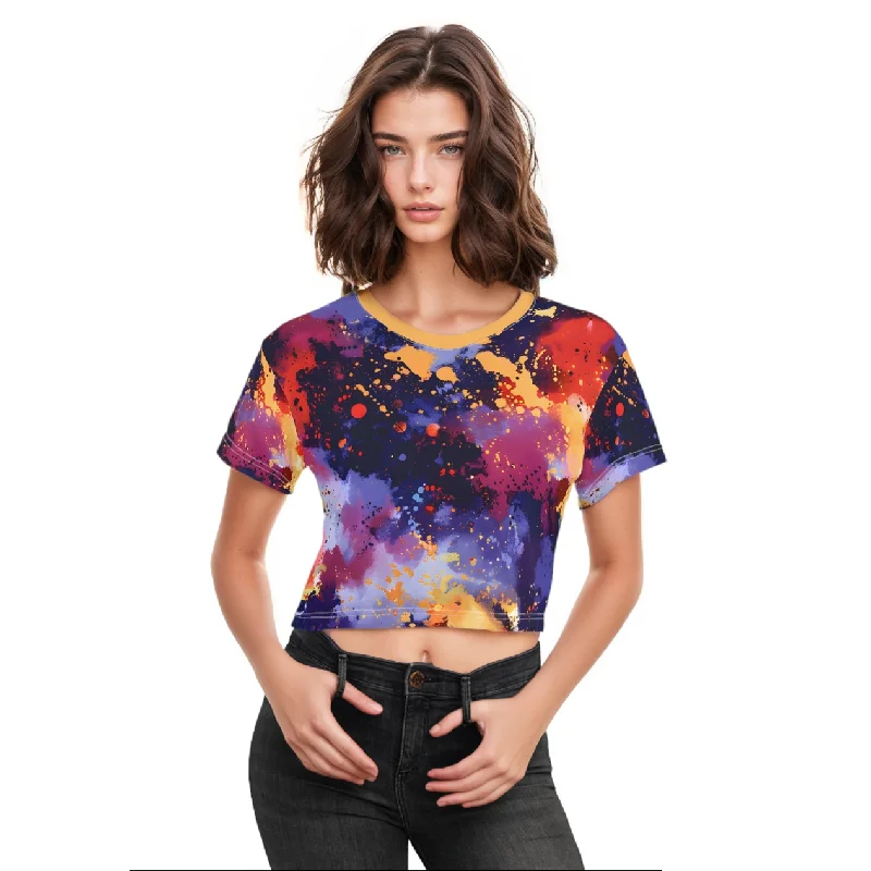 Electric Tomato Splash Crop Top Tee Embroidered Appliqued Beaded