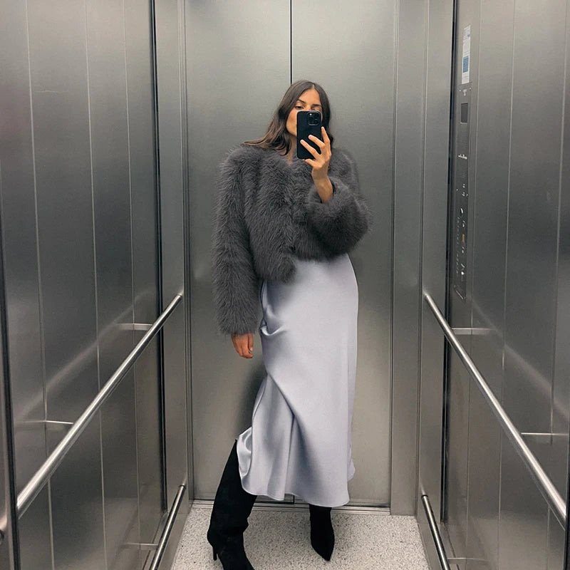 solid gray fur coat