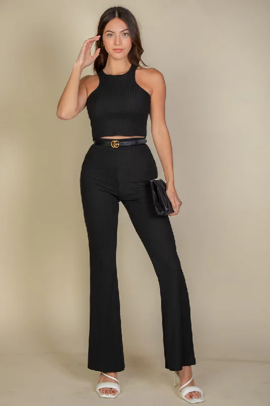 Ribbed Crop Top and Bell Bottom Pants Outfit Thin Crop Top Open Front Quick Dry