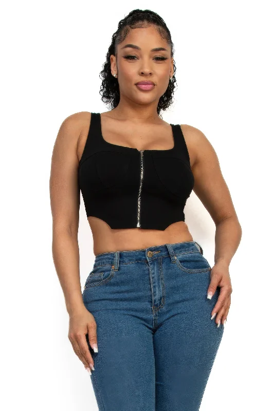 Zip-up square neck crop top Spandex Blend Rayon Blend Denim Blend