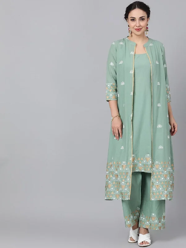 Women's  Green Solid Kurta with Trousers - AKS Trousers Palazzo Wide Leg