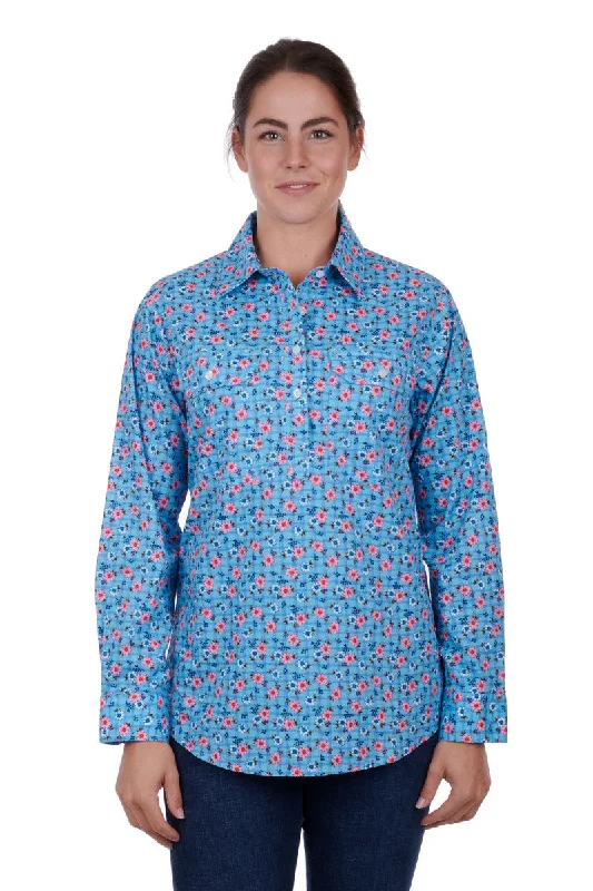 Hard Slog Ladies Becki Half Placket L/S Shirt - Blue - H3S2101152 Front Pockets Side Pockets Patch Pockets