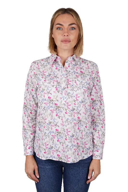 Hard Slog Ladies Candy Half Placket L/S Shirt - White/Pink - H4W2101202 Zippered Front Buttoned Front Snap Front