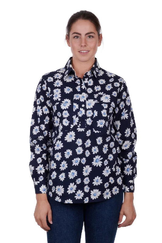 Hard Slog Ladies Dian Half Placket L/S Shirt - Navy - H3S2101177 Boxy Fit Fitted Loose