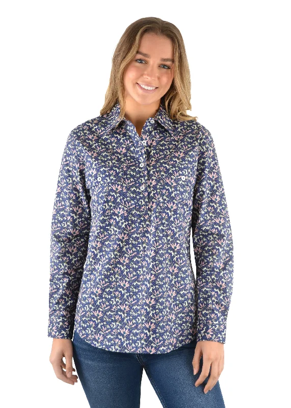 Hard Slog Ladies Emily Print Half Placket L/S Shirt - Navy - H2W2101047 Asymmetrical Pockets Print