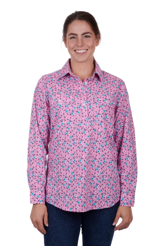 Hard Slog Ladies Floria Half Placket L/S Shirt - Pink - H3S2101153 Basic T-Shirt Crew Neck Short Sleeve