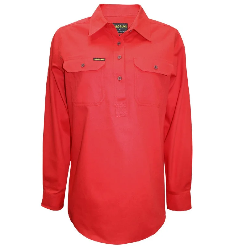 Hard Slog Ladies Half Placket L/S Shirt - Red Poppy Lace Blend Ribbed Blend Corduroy Blend